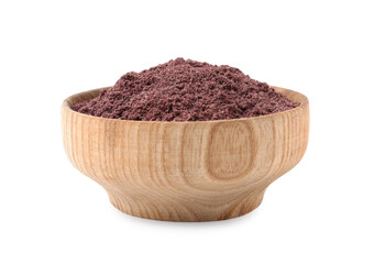 Superfood. Black currant powder in bowl isolated on white