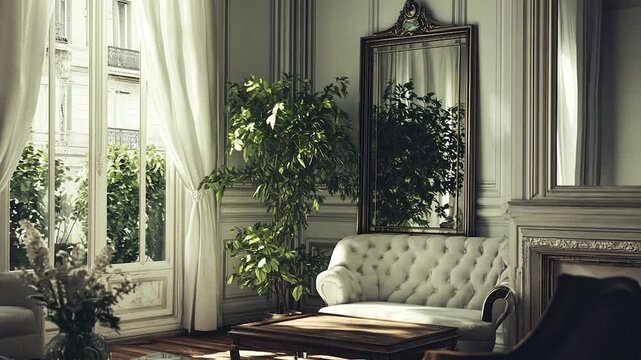Parisian antique living room with large window