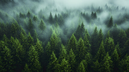 Fototapeta premium Serene coniferous forest covered in morning fog creates tranquil atmosphere