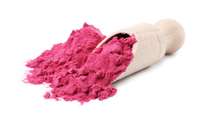 Superfood. Acai powder and scoop isolated on white