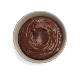 Tasty chocolate pudding in bowl isolated on white, top view