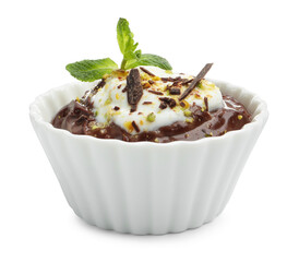 Tasty chocolate pudding with whipped cream in bowl isolated on white