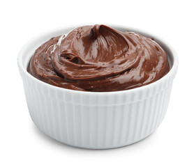 Tasty chocolate pudding in bowl isolated on white