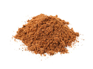 Superfood. Pile of nutmeg powder isolated on white