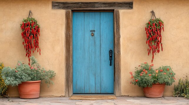 Charming Southwestern facade with turquoise door, chili ristras and floral accents