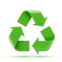 A shiny green recycling symbol with arrows in a triangular shape isolated on white background