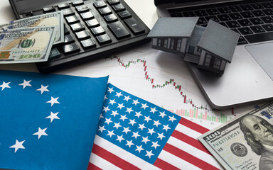 Tariff War shipping, trade and commerce concept, flags of the United States and the European Union