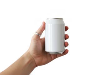Hand holding a blank white aluminum soda can up