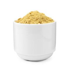 Superfood. Mustard powder in bowl isolated on white