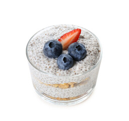 Delicious pudding with chia seeds, yogurt, blueberries, granola and strawberry isolated on white. Superfood