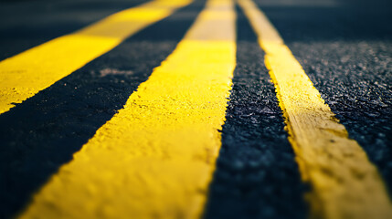 Road marker painting bright yellow lane lines on fresh asphalt. Featuring visibility and precision