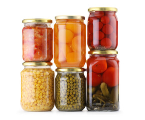 Many jars with different pickled products isolated on white