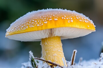 Fototapeta premium A decaying mushroom covered in frost on a crisp autumn morning