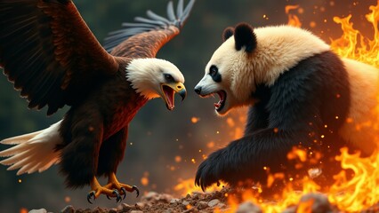 Bald Eagle Confronting Panda Bear Amidst Flames