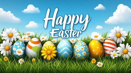 Easter Eggs in Grass with Sky