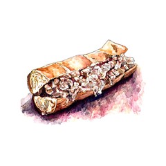 Delicious Sub Sandwich A Hand Drawn Watercolor Illustration.