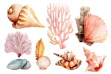 Seashell collection in watercolor with conch for marine theme  
