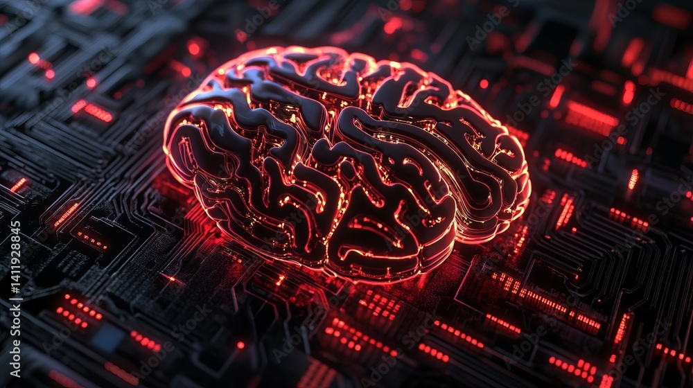 Poster abstract red glowing brain on circuit board digital technology 3d data dark light power neural syste