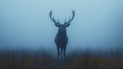 Obraz premium Solitary elk silhouette in fog creates moody wildlife scene