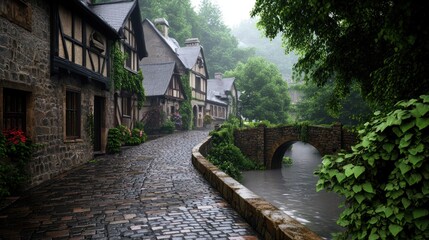 Rainy cobblestone street curves through medieval village, stone bridge over stream