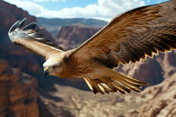 Obraz premium A giant bird of prey soaring above a canyon, its wings casting a massive shadow below