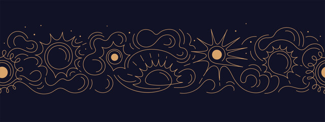 Sun, cloud seamless line pattern Skyline, art wave