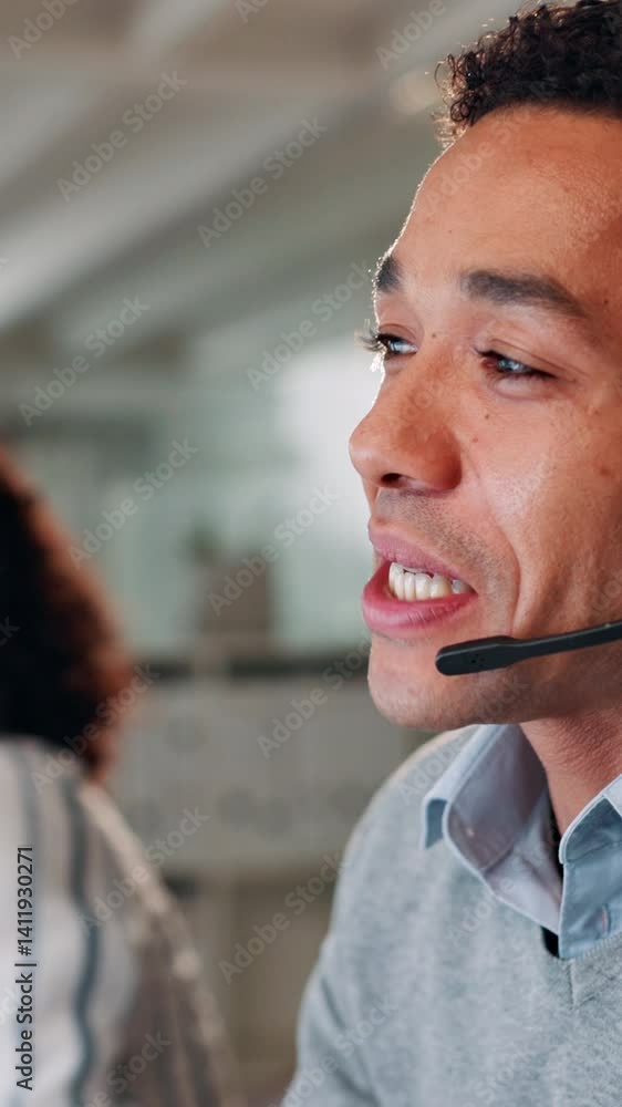Poster talking, man and customer service in office with computer, communication or online consulting. cowor