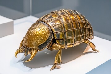 A gigantic stag beetle (Coleoptera) with golden armor, revered as a guardian deity in an ancient civilization