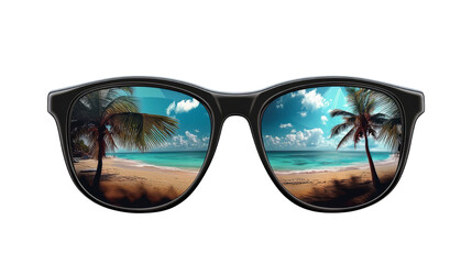 Sunglasses reflect serene beach scene, evoking sense of relaxed joy