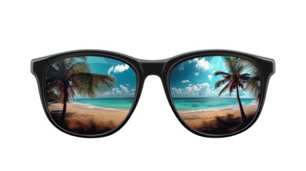 Sunglasses reflect serene beach scene, evoking sense of relaxed joy