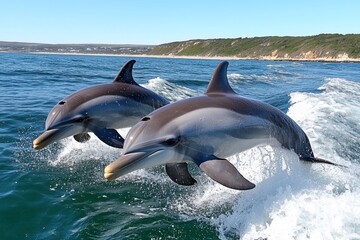 Fototapeta premium A group of dolphins (Cetacea) leaping through ocean waves, playing under the golden sunset