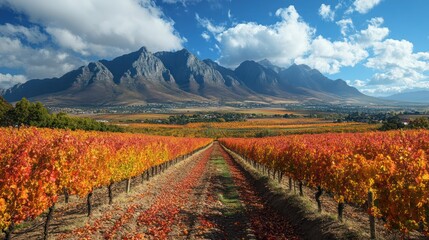 Fototapeta premium Spectacular Autumnal Vineyard Landscape with Majestic Mountain Backdrop