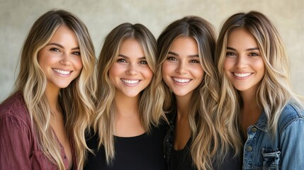 Obraz premium Four Diverse. Beautiful Women with Long, Highlighted Blonde Hair Smiling Together, Beauty Concept