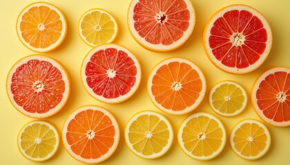Obraz premium Vibrant Citrus Fruits Arranged Harmoniously on a Yellow Background Highlighting Their Vivid Colors and Textures