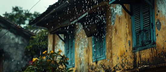 Obraz premium Rainy day in an old town with vintage architecture and nature elements