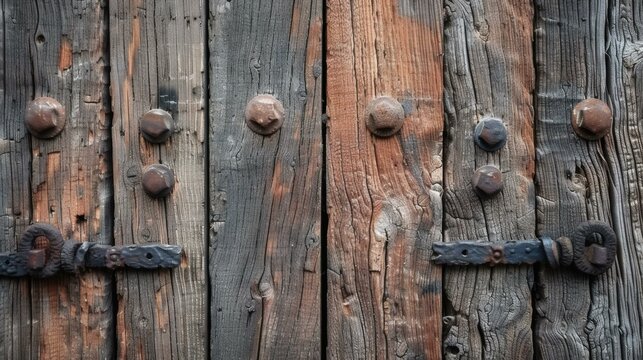 Antique oak wood boards feature handmade wrought iron, revealing textures and rustic charm of traditional craftsmanship