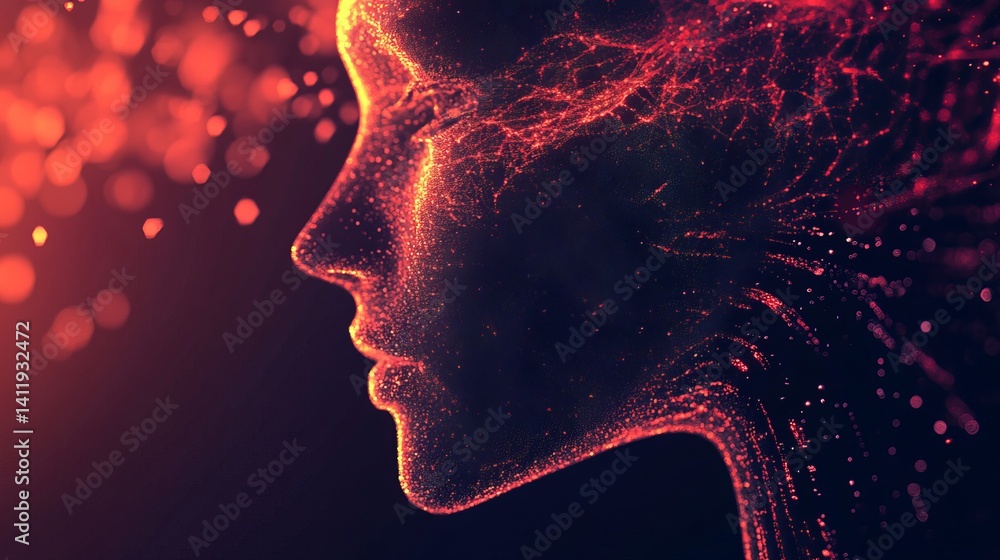 Poster abstract digital art red glowing particle face profile portrait dark fire light image style lines
