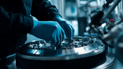 Naklejka premium Technician performing maintenance on a lithium extraction plant. Featuring equipment repair