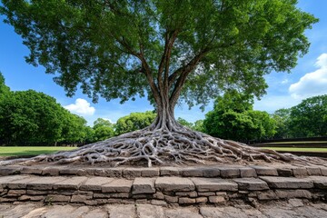 A legendary tree with silver roots floating above the ground, defying gravity