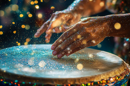 Glittery hands playing a drum magical musical performance