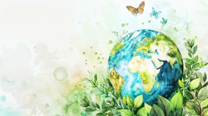 Earth Day Concept: A Watercolor Globe Surrounded by Greenery and Butterflies, Symbolizing Environmental Awareness