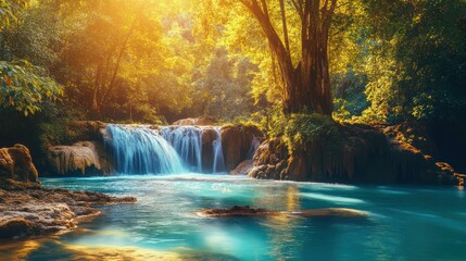 Tranquil tropical waterfall surrounded by lush forest with golden sunlight