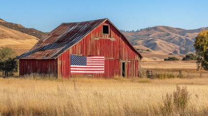 Obraz premium American rural charm: weathered barn with national flag amidst golden fields
