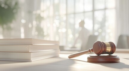 A judge's gavel next to law books in the background of an office where a silhouette symbolizing harassment can be seen. The scene emphasizes the power of the law in protecting rights in the workplace.