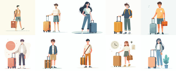 Vector flat design white background. Cartoon Characters with Luggage
