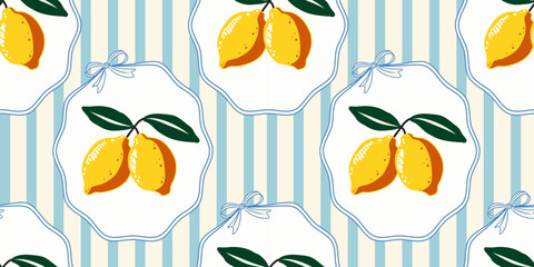 Seamless vector pattern with hand-drawn lemons in decorative white frames tied with bows, on blue and cream vertical stripes. Fresh Mediterranean fruit design for textile, packaging, kitchen or summer