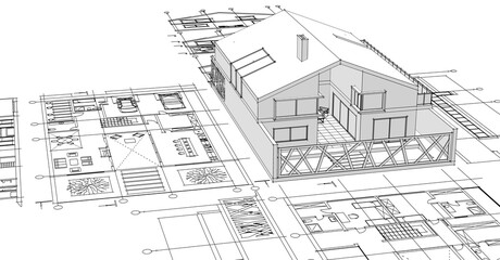 house architectural project sketch 3d illustration	

