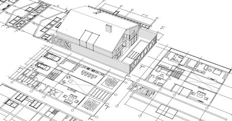 house architectural project sketch 3d illustration	
