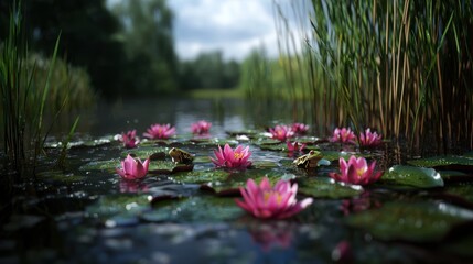 Pink Water Lilies, Frogs, Pond, Lush Forest Background