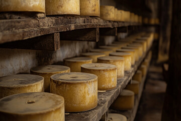 Aged cheese wheels on rustic wooden shelves in a cellar aging process